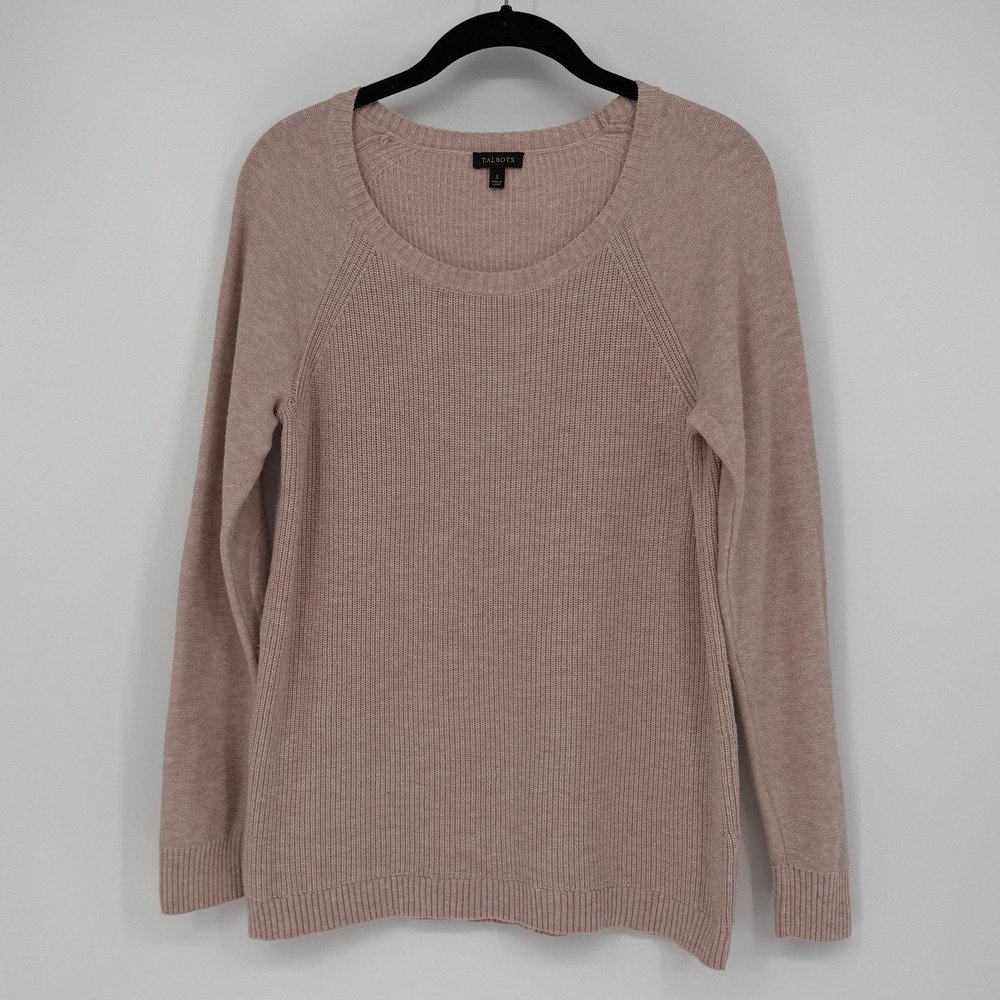 Talbots Womens Pink Heathered Shaker Knit Scoop Neck Sweater Elbow Patches S